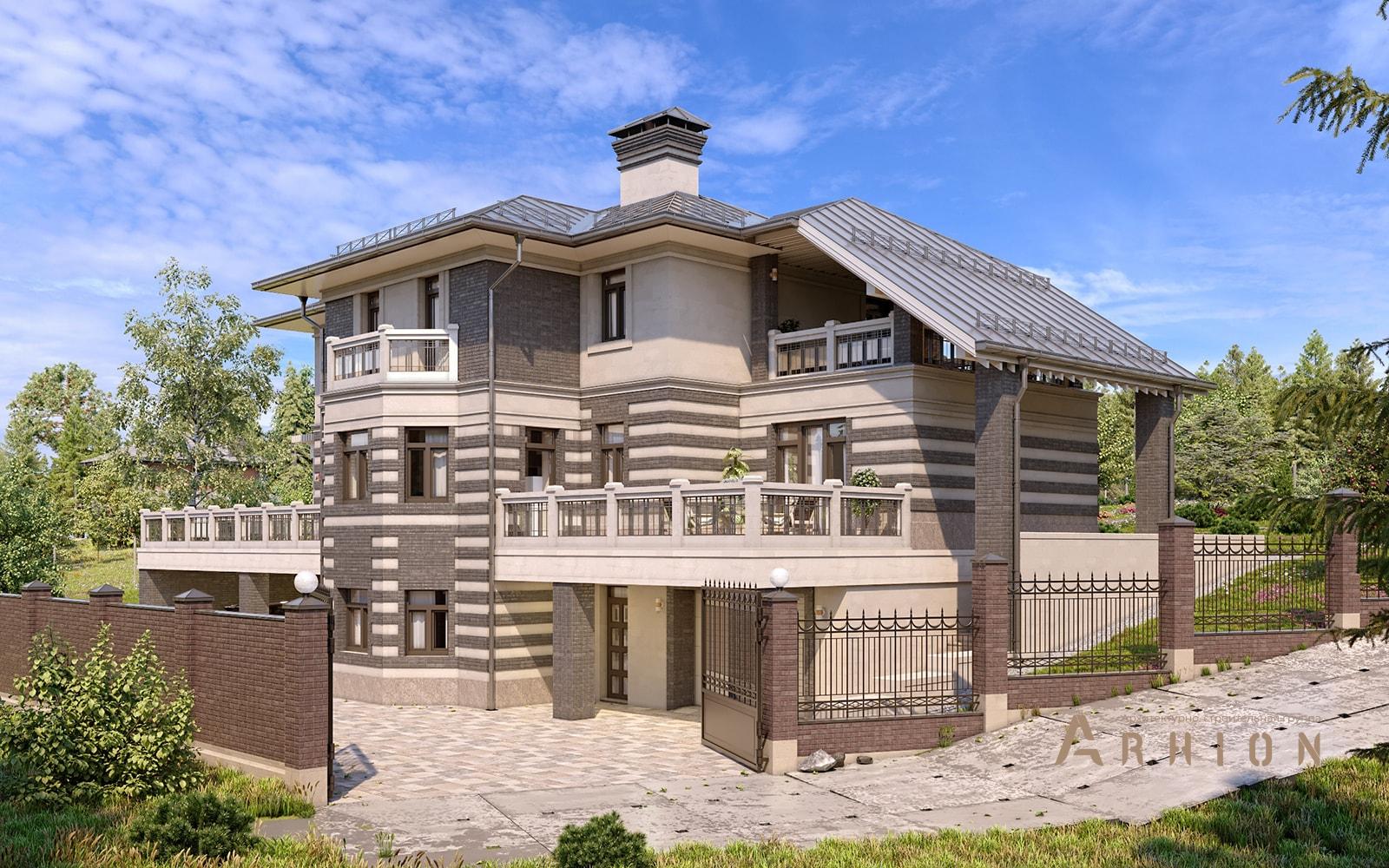 7. Проект двухэтажного дома в современном стиле с многоскатной кровлей, av-500, площадью - 500 кв c цокольным этажом, терассой, балконом, гаражом, эркером